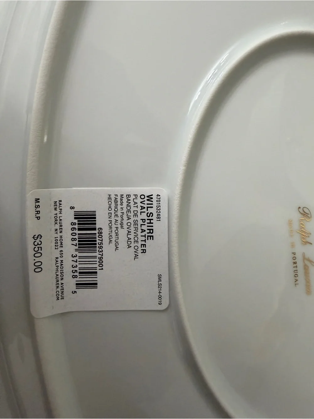 Ralph Lauren Wilshire White Porcelain Bowl and Serving Platter with Gold Trim